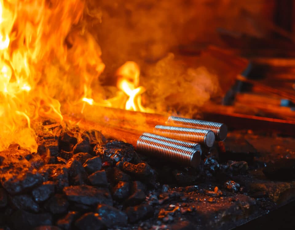 Fire in the furnace in the smithy, tools